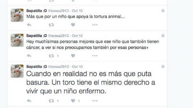 Otra animalista dice «un toro tiene el mismo derecho a vivir que un niño» y se ríe del cáncer de Adrián