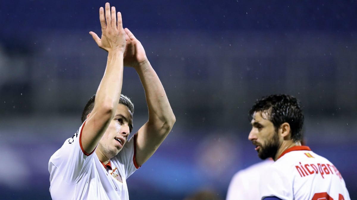 Nasri celebra el gol que dio la victoria al Sevilla en Zagreb. (AFP)