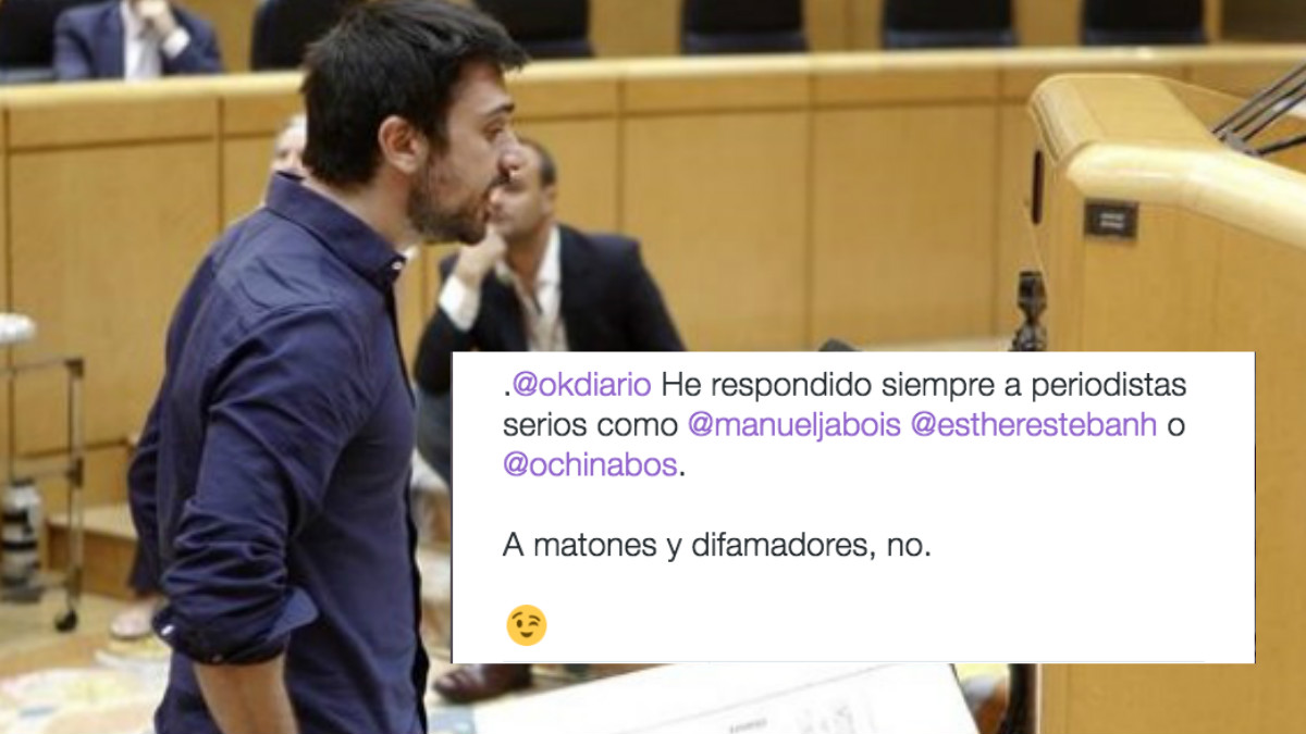 Ramón Espinar hijo en el Senado y, abajo, el tuit refiriéndose a OKDIARIO.