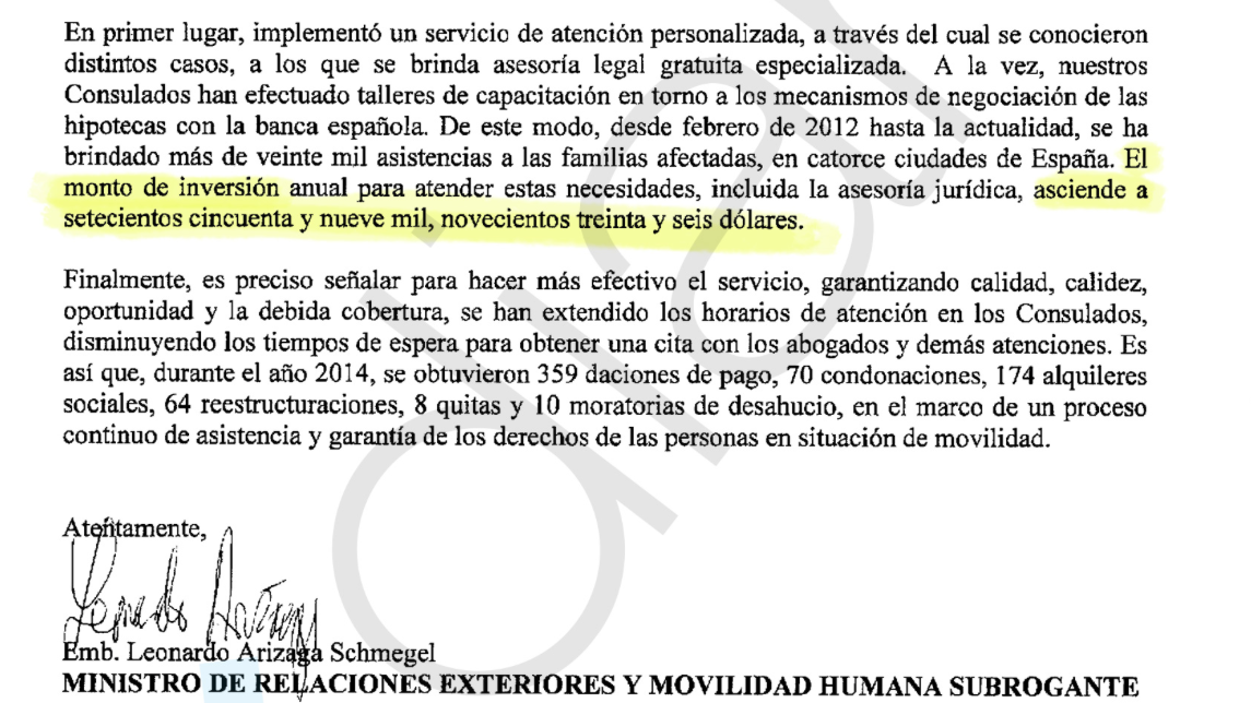 Escrito firmado por el ministro de Relaciones Exteriores de Ecuador, Leonardo Arizaga