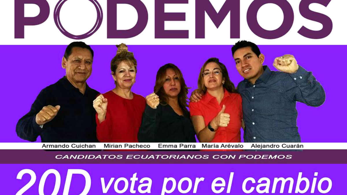 Cartel de «Candidatos ecuatorianos con Podemos» en las elecciones del 20D.
