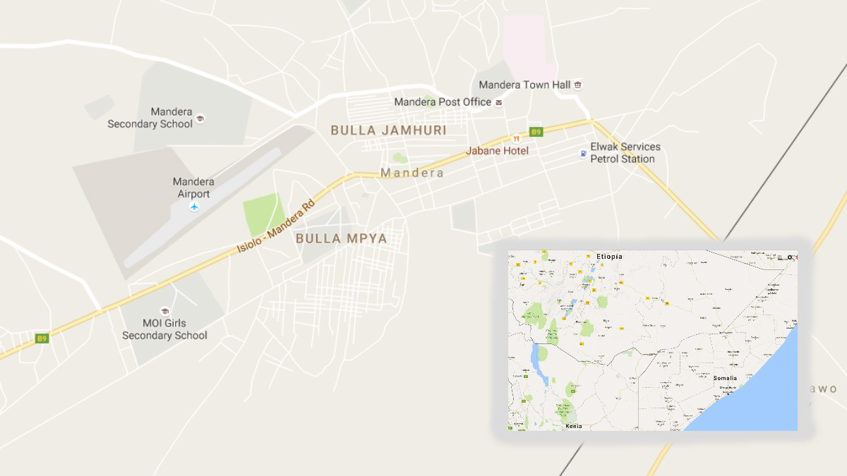 La región de Mandera se encuentra dentro de los límites fronterizos de Kenia, pero muy cercano a las lindes con Somalia y Etiopía. GOOGLEMAPS