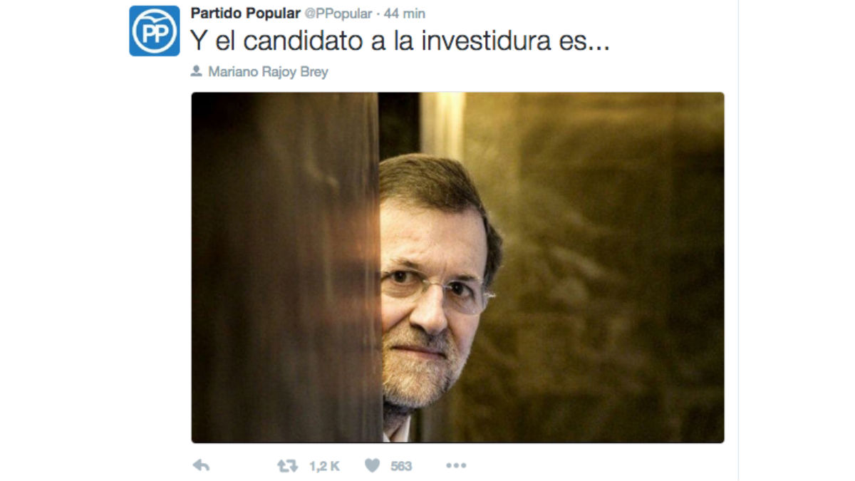 Tuit del PP en el que anuncia la candidatura de Rajoy a la investidura