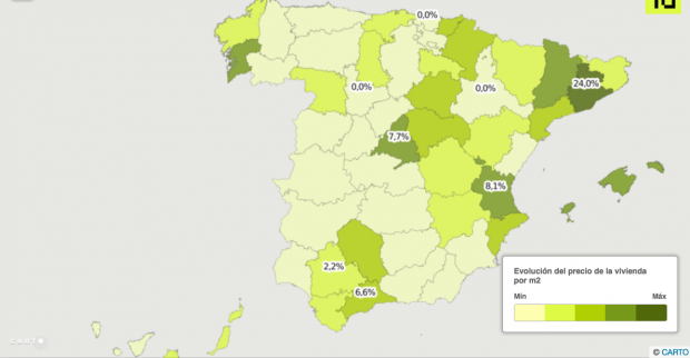 Variación del precio de la vivienda desde mínimos por capitales de provincias (Fuente: idealista.com)