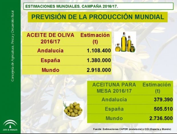 Previsión de la Junta de Andalucía sobre la producción de aceite.