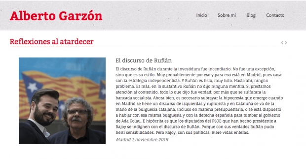 Captura de Pantalla de la web de Alberto Garzón, donde el dirigente de Izquierda Unida ha publicado su reflexión sobre el incendiario discurso de Rufián. 