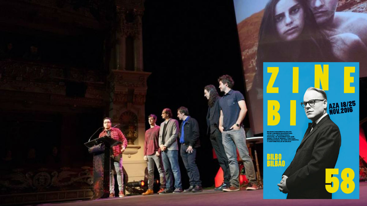 Una momento de la gala inaugural y, abajo, el cartel de la próxima edición 58 de Zinebi. ZINEBI