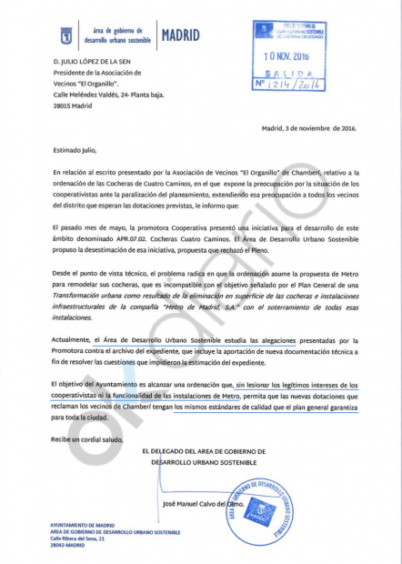 Carta del concejal a una asociación de vecinos. (Clic para ampliar)