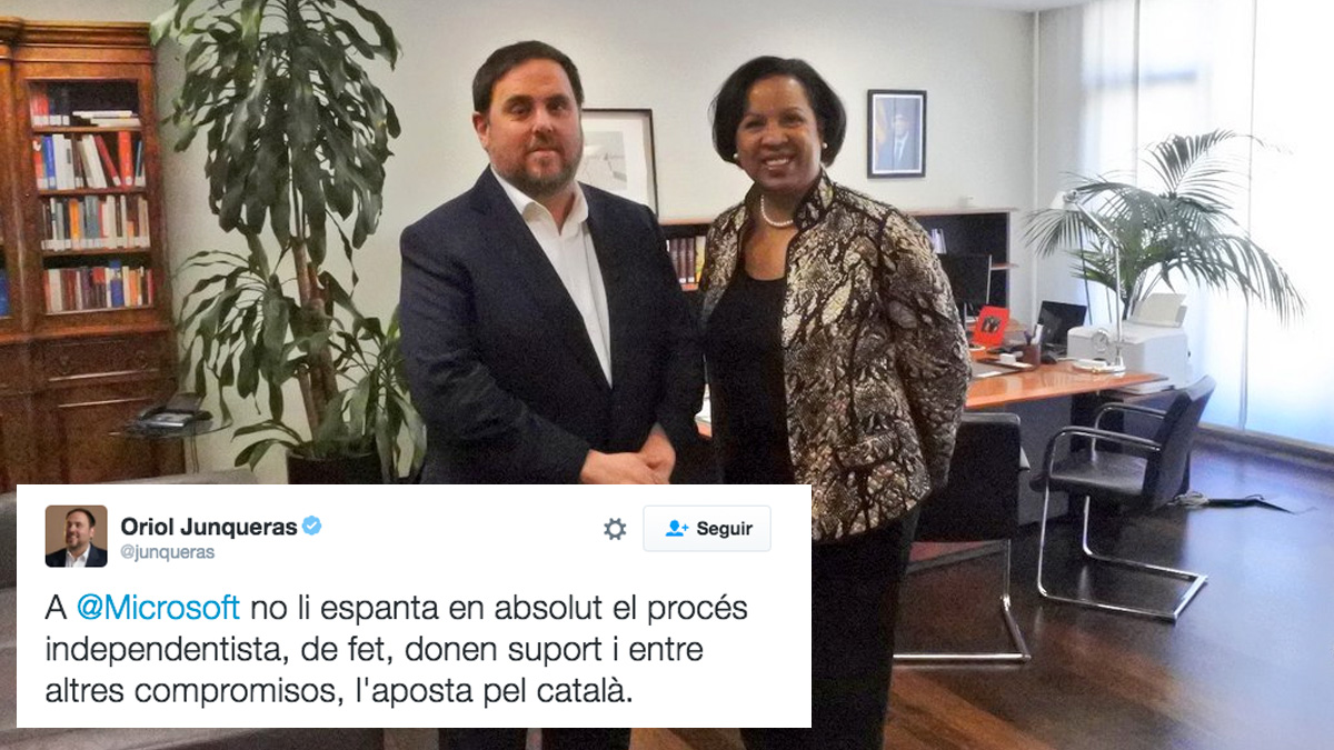 Oriol Junqueras junto a Toni Townes-Whitley, vicepresidenta de Microsoft. (Foto: Twitter)