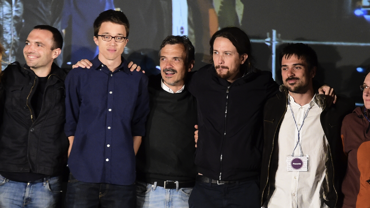 Luis Alegre, Íñigo Errejón, José Manuel López, Pablo Iglesias y Ramón Espinar. (Foto: AFP)