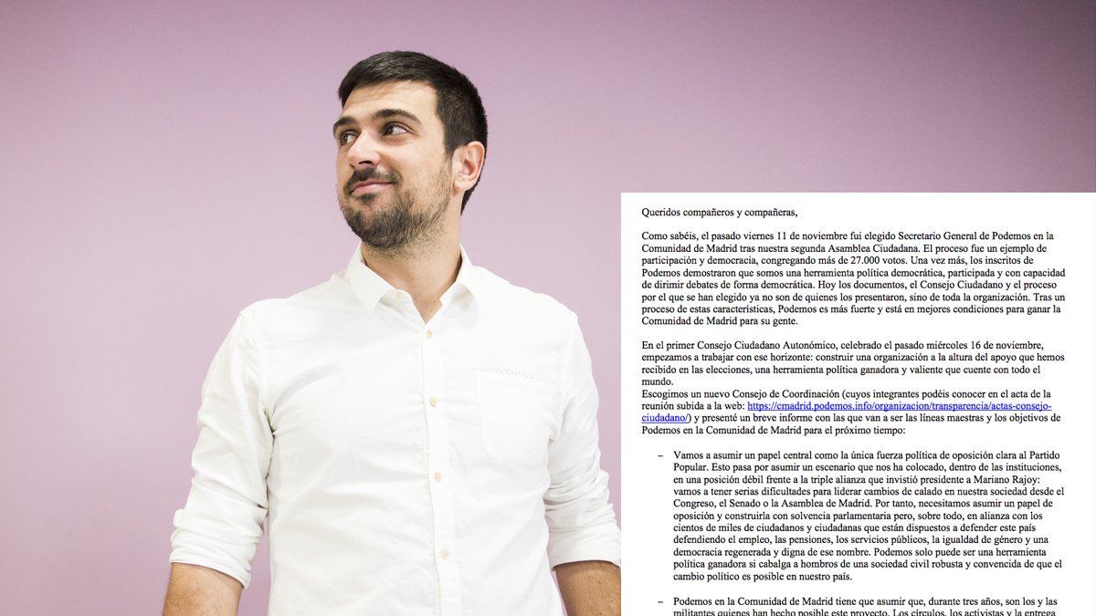 Carta enviada por Espinar a los inscritos de Podemos en la Comunidad de Madrid.