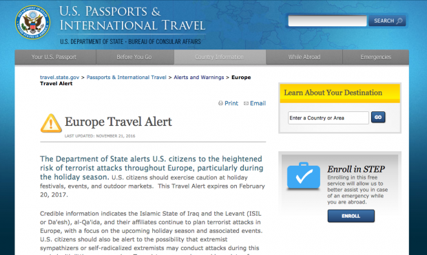 Pantallazo del aviso publicado en la web del DEpartamento de Estado de los EEUU.