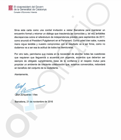 La carta que Junqueras ha enviado a Soraya: «Como usted bien sabe, nuestra mano sigue tendida»