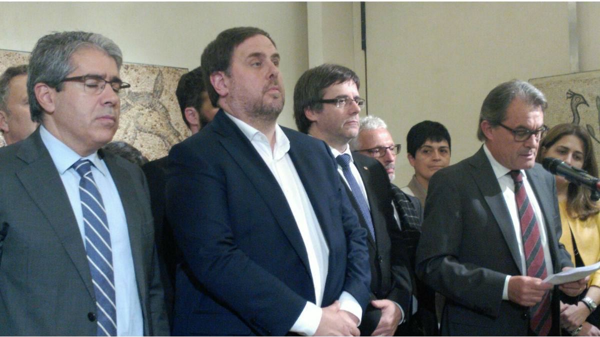 Artur Mas, con Puigdemont, Junqueras y Homs, este martes.