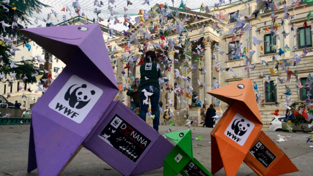 Los pájaros de papel se han instalado frente al Congreso de los Diputados en Madrid. Foto: WWF