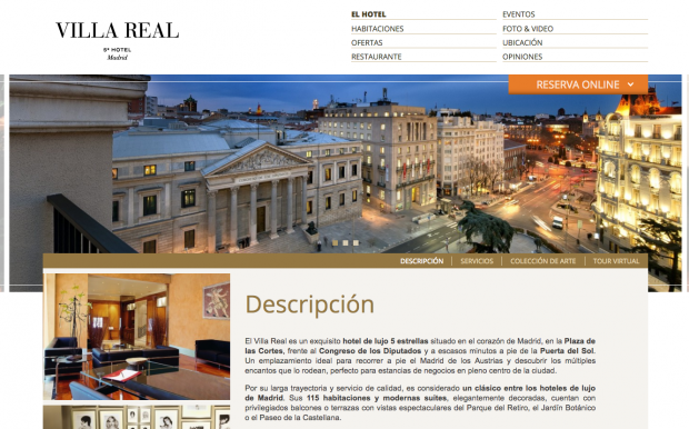 La portada de la web del Hotel Villa Real.