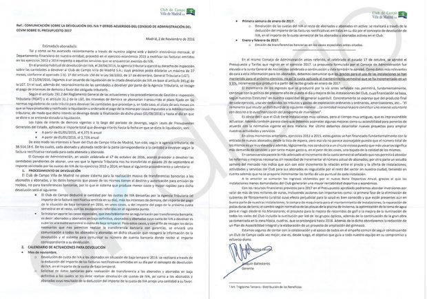 Carta del gerente del Club de Campo Villa de Madrid. 