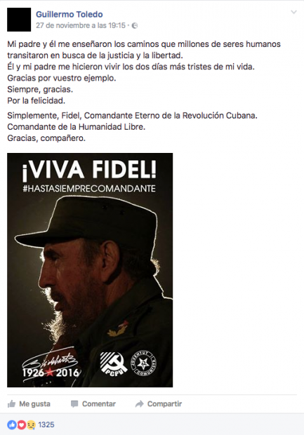 Pantallazo del mensaje de Willy Toledo en memoria de Fidel Castro. Foto: Facebook