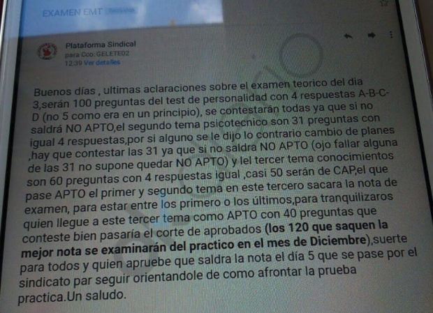 Correo electrónico en el que se filtra cómo será el examen a conductor de la EMT de Madrid. (Clic para ampliar)