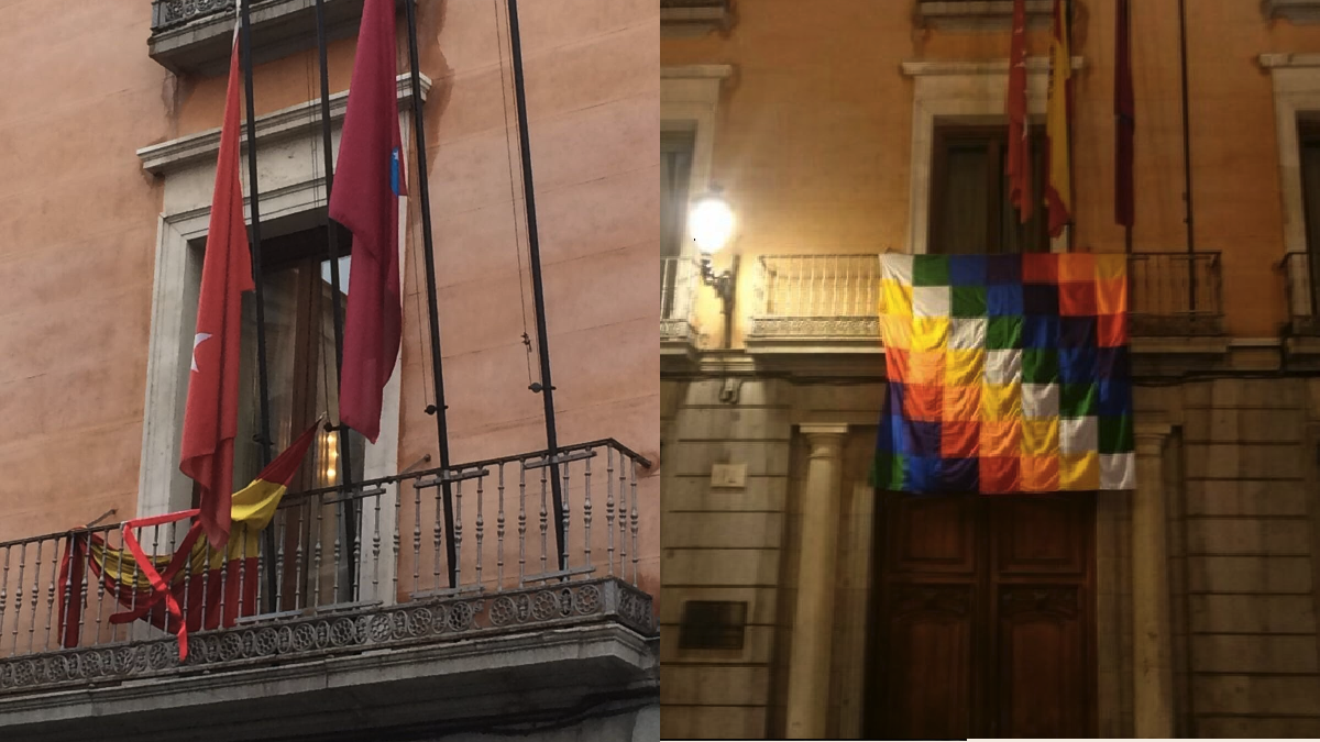 La bandera española este lunes y la indígena los días cercanos al 12 de octubre. (Fotos: TW)