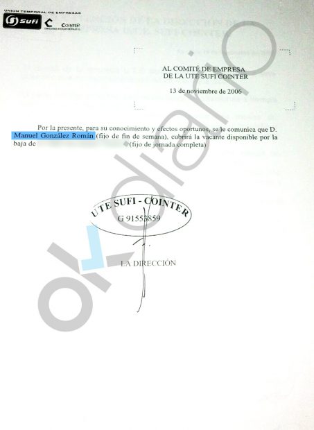 Notificación de Sufi-Cointer sobre la contratación del hijo de Manuel González Bauza.