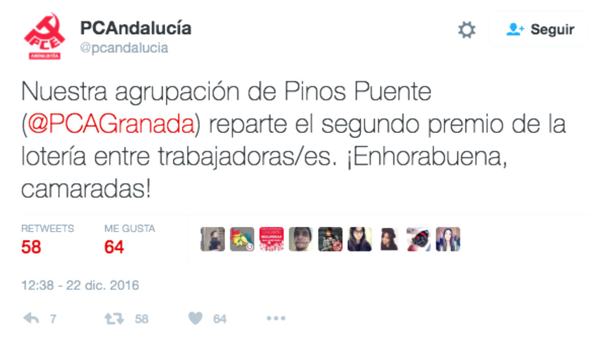 La Agrupación Local del Partido Comunista de Pinos Puente (Granada) ha repartido este jueves más de 56 millones de euros (Foto: Twitter)