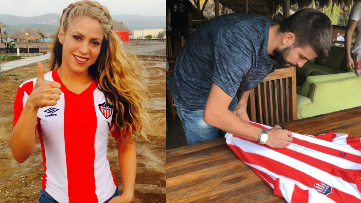 Piqué y Shakira, con la camiseta del Junior de Barranquilla.