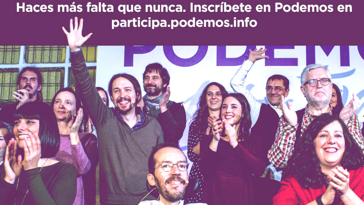 El cartel (sin Errejón) con el que Pablo Iglesias invita ahora a inscribirse en Podemos.