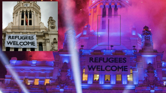 Carmena quita la bandera española por Reyes por peligro de incendio pero no la lona de los refugiados