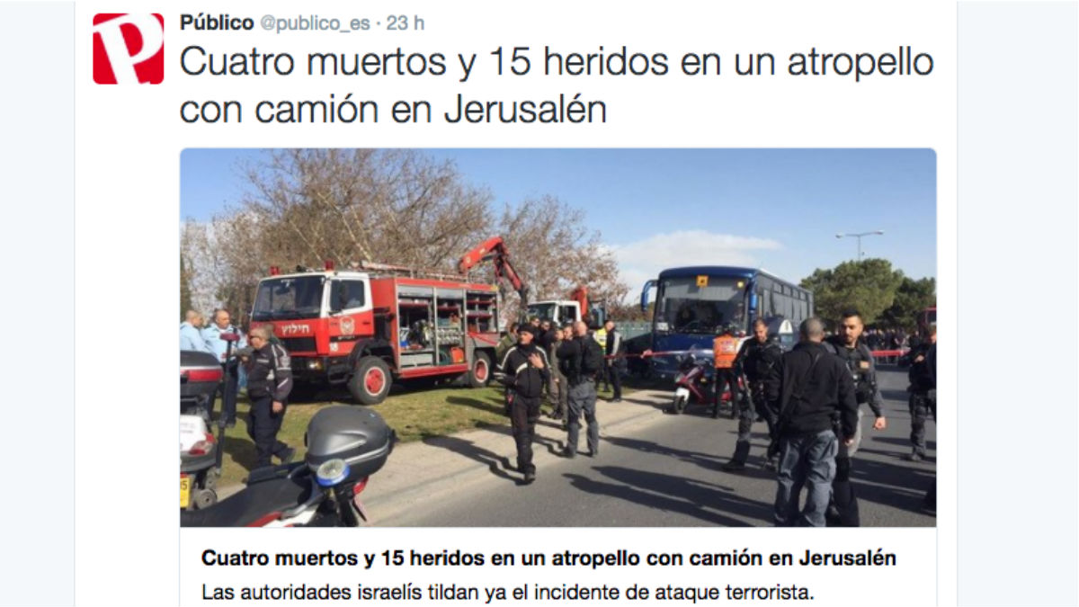 Tuit de Público donde llama al atentado «atropello». (Foto: OKD)