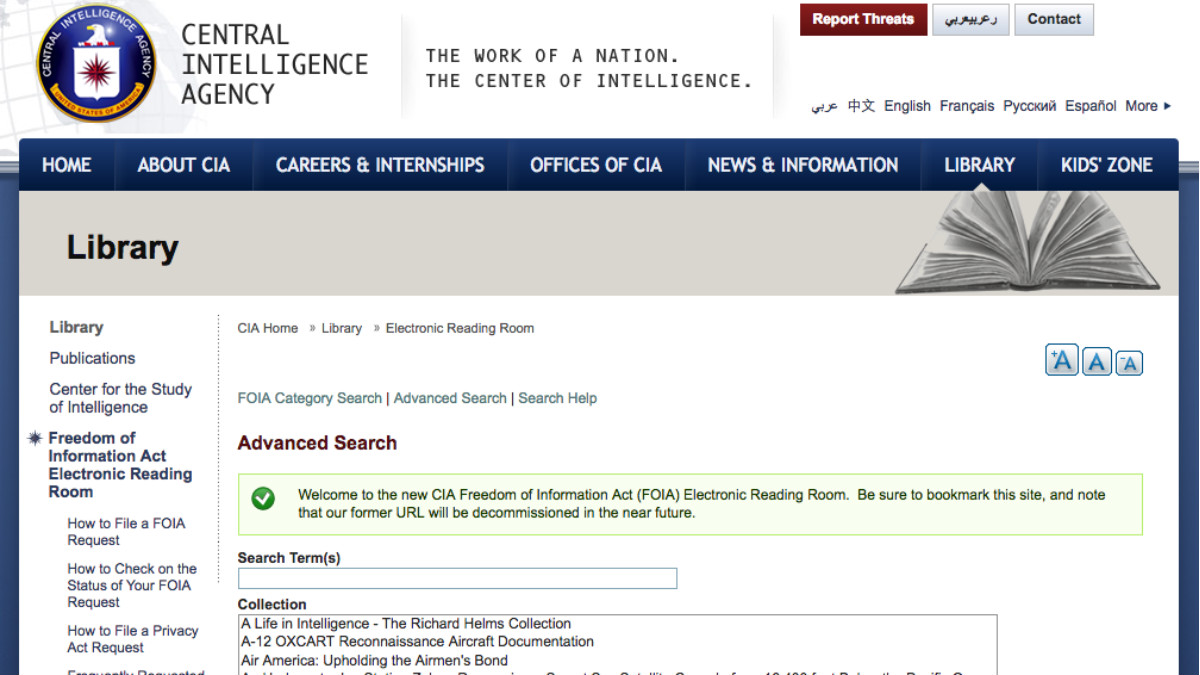 Portal de la CIA para la consulta de 12 millones de documentos desclasificados.