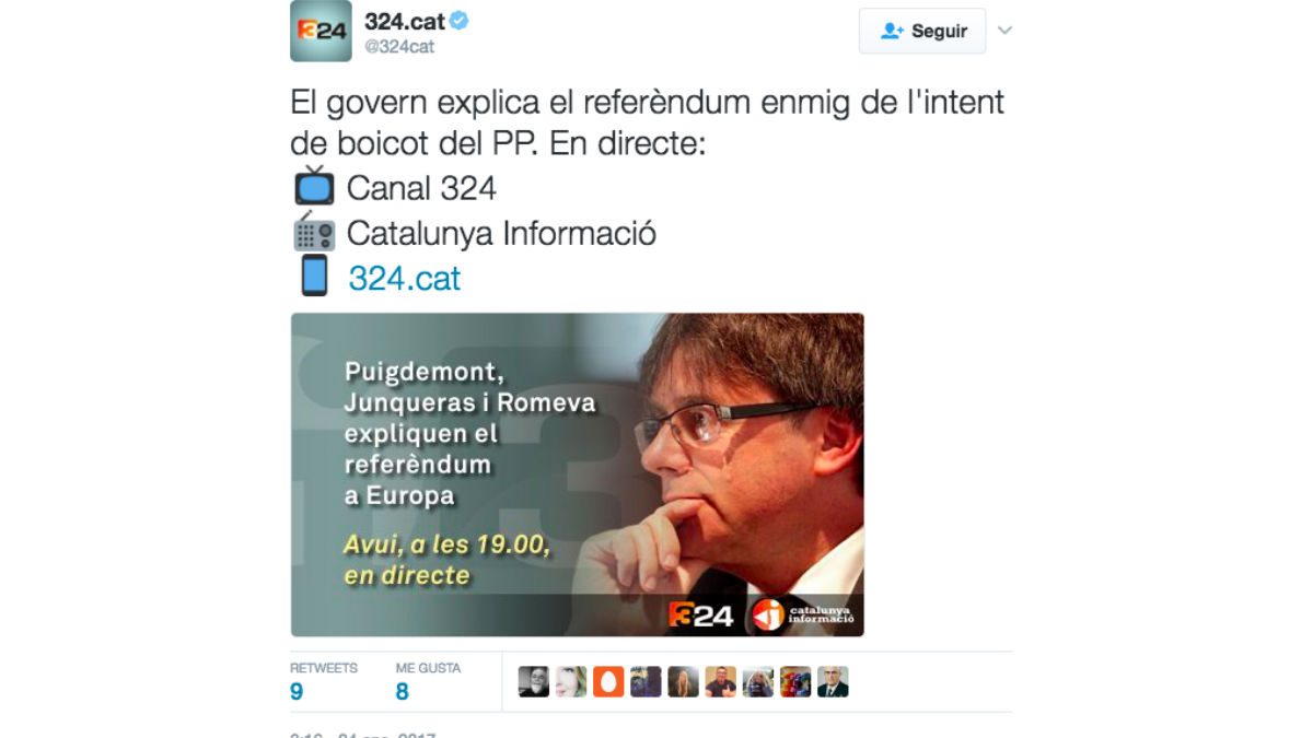 ‘Tuit’ en el que 324.cat anuncia la emisión del acto de Puigdemont.