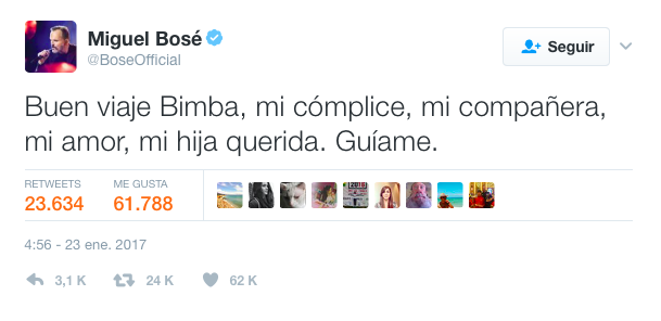 Miguel Bosé se despide de su sobrina: «Mi amor, mi hija querida, guíame»