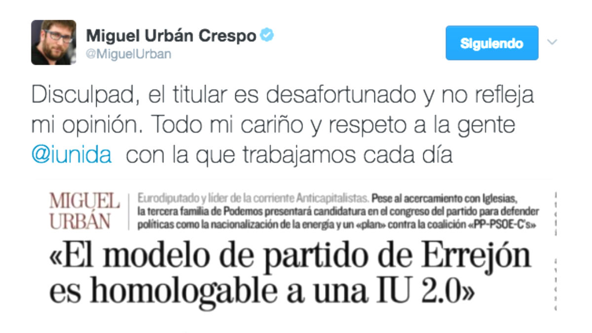 El titular que no ha gustado a Miguel Urbán (Foto: Twitter)