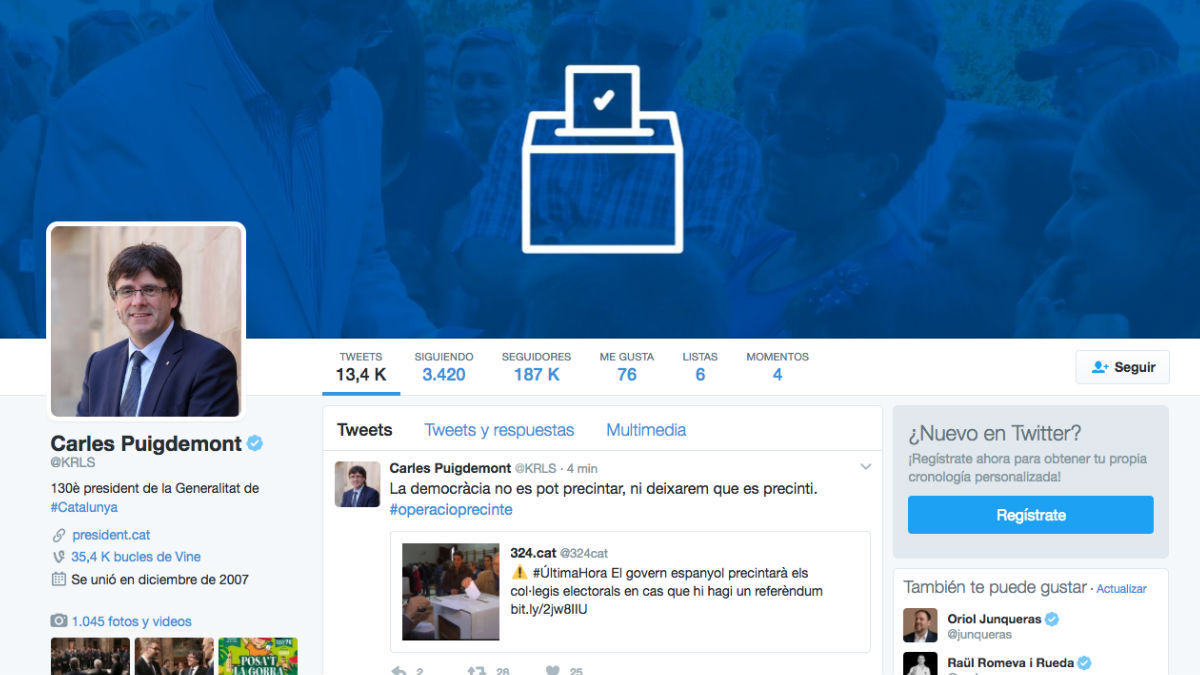 Perfil en Twitter del presidente de la Generalitat, Carles Puigdemont