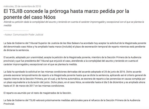 Comunicado del TSJ de Islas Baleares sobre la exoneración de reparto a Samanta Romero.