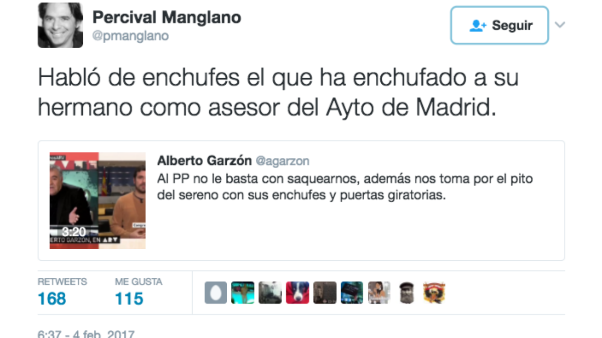 Zasca del concejal del PP Percival Manglano a Alberto Garzón en Twitter.