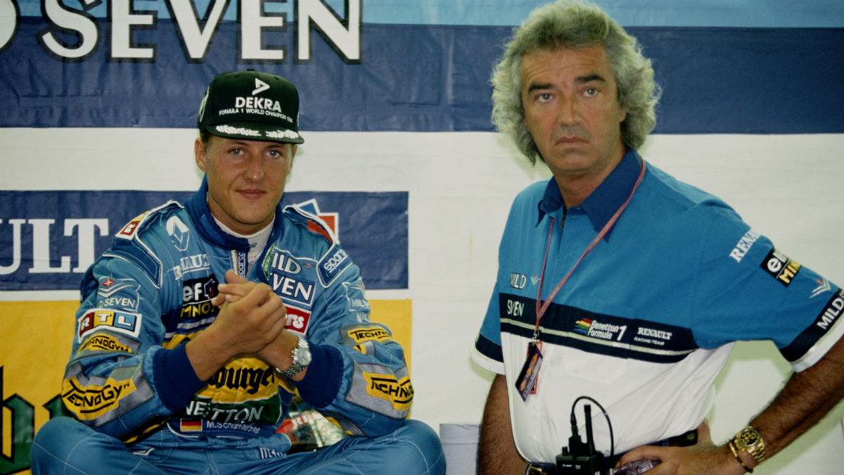 Michael Schumacher y Flavio Briatore, durante su estancia juntos en Benetton. (Getty)