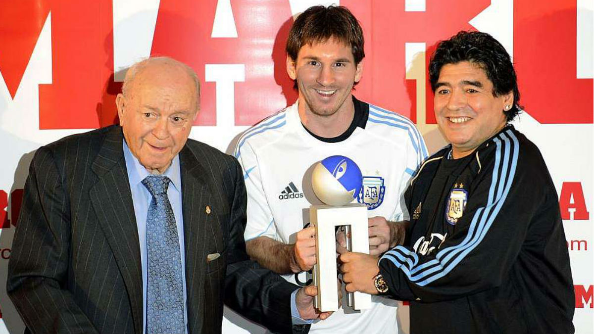Di Stéfano, Messi y Maradona, en una foto para la historia. (Imagen: MARCA)
