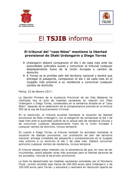 Comunicado del TSJ de las Islas Baleares.