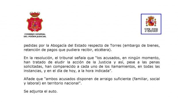 Comunicado del TSJ de las Islas Baleares.