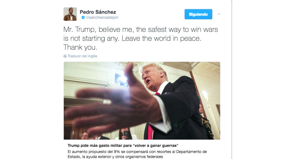 El tuit de Pedro Sánchez que dedica a Donald Trump (Foto: Efe)