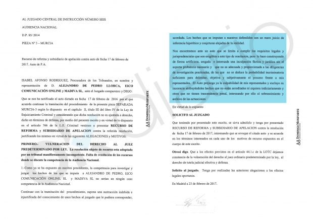 Recurso del informático Alejandro de Pedro contra la pieza de Murcia de la trama Púnica.