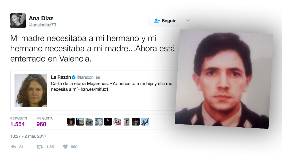 Tuit de la hermana de una víctima de ETA, junto a la imagen del asesinado.