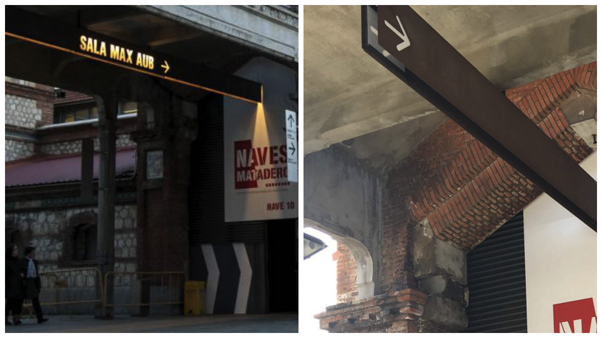 Antes y después del letrero de las salas de teatro en Matadero Madrid. (Fotos: TW)