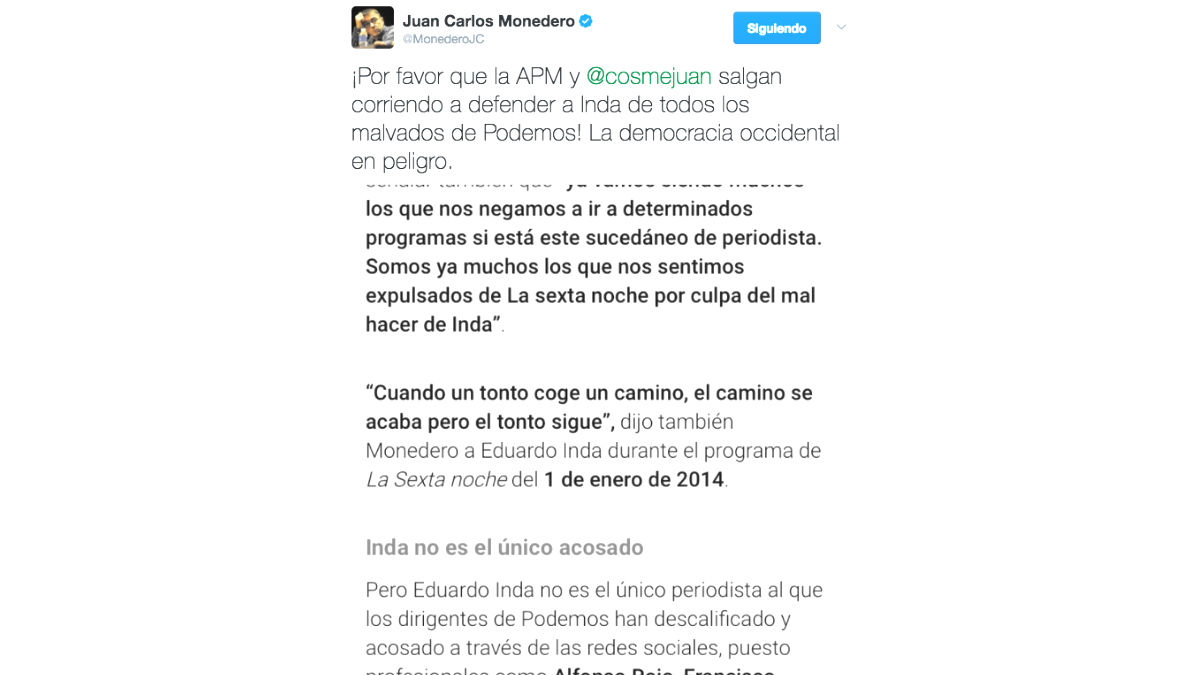 El tuit de Juan Carlos Monedero en el que se toma a broma la campaña de acoso de Podemos a Eduardo Inda (Foto: Twitter)