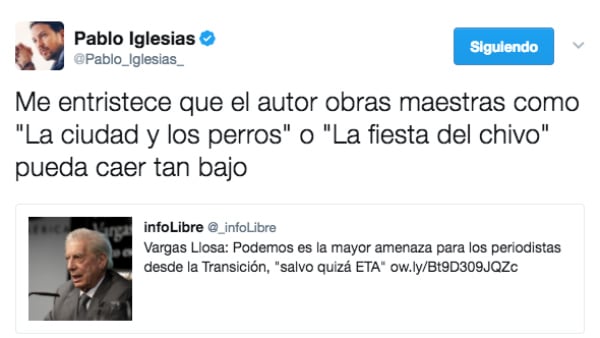El tuit de Pablo Iglesias a Mario Vargas Llosa