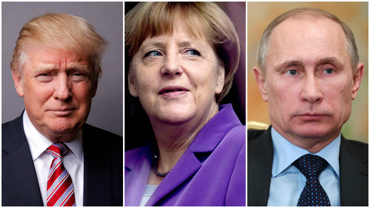 Donald Trump, Angela Merkel y Vladimir Putin.
