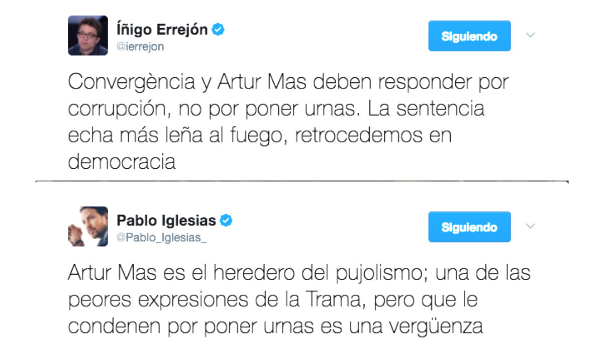 Pablo Iglesias e Íñigo Errejón opinan en Twitter sobre la sentencia a Artur Mas (Foto: Twitter)