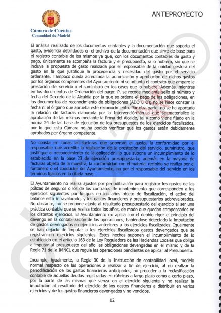 Informe de la Cámara de Cuentas de Madrid sobre la gestión del ex alcalde popular de Nalvalcarnero, Baltasar Santos, entre el 2007 y 2008.